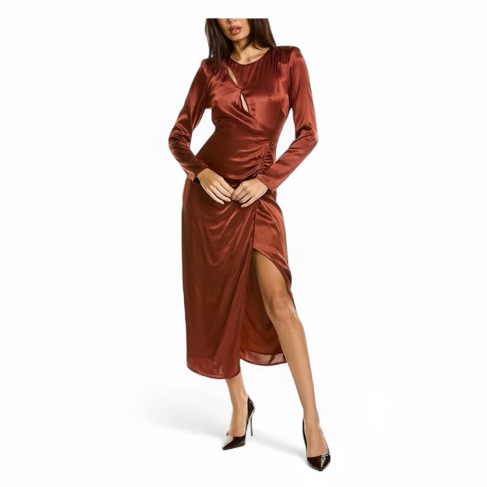 ASTR THE LABEL RUST MARIPOSA SATIN RUCHED MIDI DRESS Size Medium NWOT